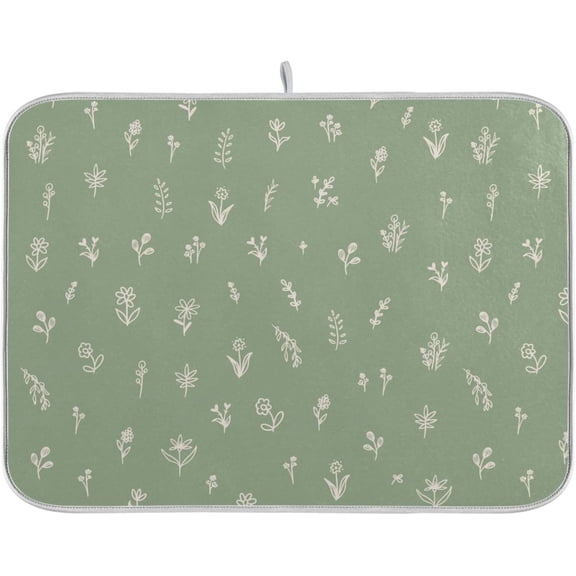 Sage Green Dish Drying Mat Quick Absorbent 16x18 Doodled Botany Flowers Leaves Herbs Plants Kitchen Drying Mat for Countertop Sink Reusable Dishes Mats Kitchen Essentials