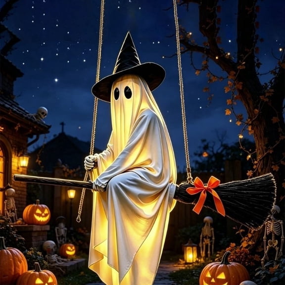 JWZZYD 5 FT Hanging Ghost Decor, Lighted Flying Ghost On Broomstick Hanging with Witch Hat, Spooky Outdoor Halloween Decorations for Lawn Patio Porch Backyard Front Yard, White