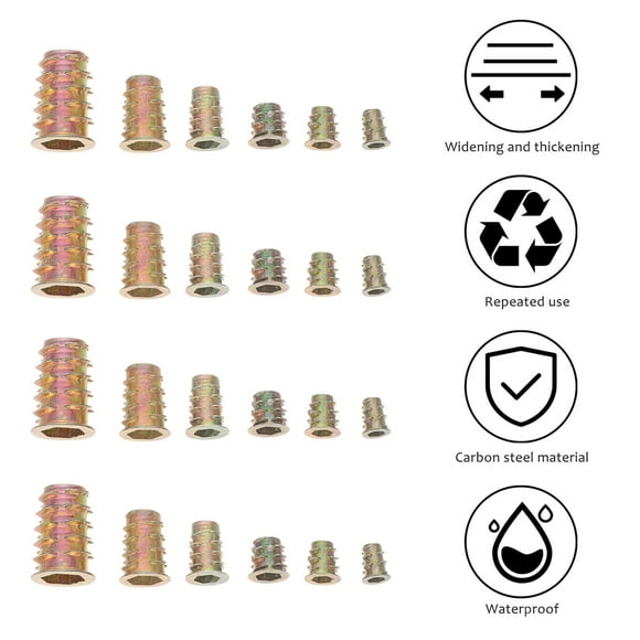 Phenofice 100 Pcs Thread Insert For Wood Carbon Steel Threaded Wood Inserts Golden Sturdy