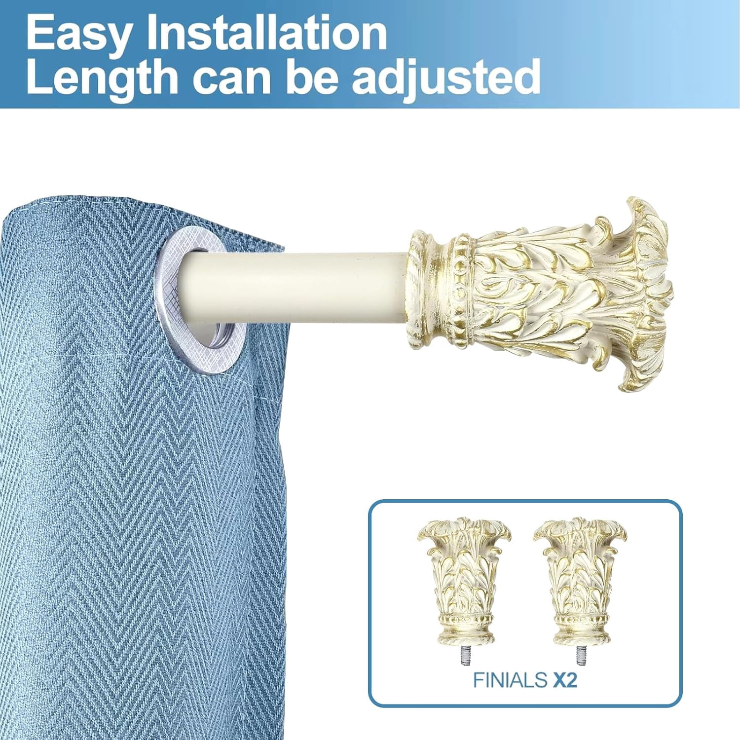 Urbanest Adjustable Single Curtain Rod Set Gilded Chilton Finials – 1 - Inch Diameter, With French White Rod, 48–84 Inches