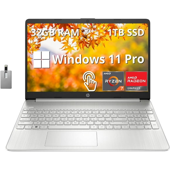 HP Pavilion 15.6" FHD Touchscreen Laptop, AMD Ryzen 7 5700U, 32GB RAM, 1TB SSD, AMD Radeon Graphics, Full-Size Keyboard, HD Webcam, Windows 11 Pro, Silver, 32GB Hotface USB Card