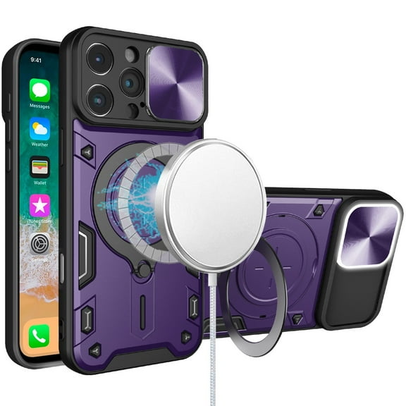 For Apple iPhone 16 Pro (6.3") Hybrid Magnetic Circle 360° Ring Kickstand with MagSafe Compatible & Camera lens Protector Cover ,Xpm Phone Case [ Purple ]