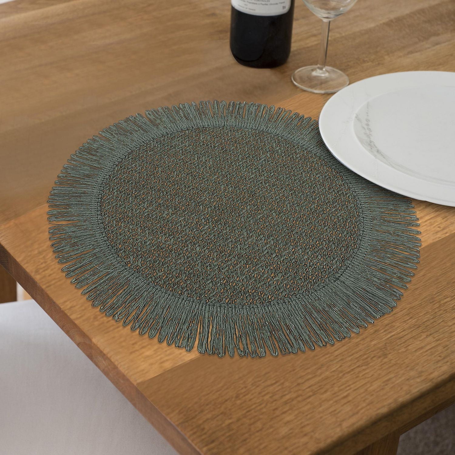 Woven Round Placemat With Fringes Green 15 X 15 - Set of 12