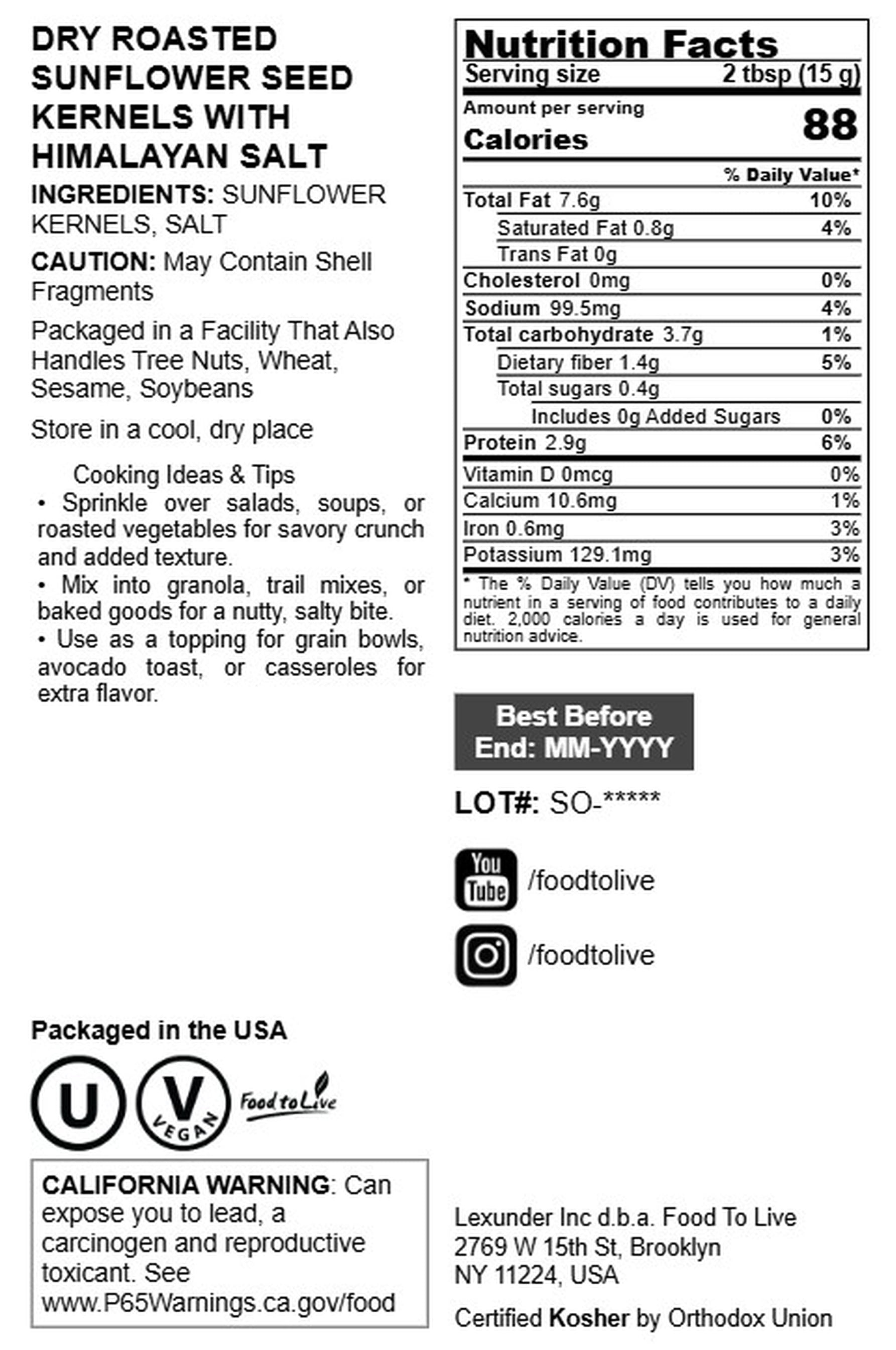 Dry Roasted Sunflower Seed Kernels with Himalayan Salt, 4 Pounds — Vegan, Kosher — by Food to Live