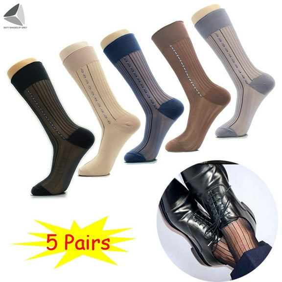 PULLIMORE 5 Pairs Mens Sheer Dress Socks Business Nylon Silky Striped Socks (Black)