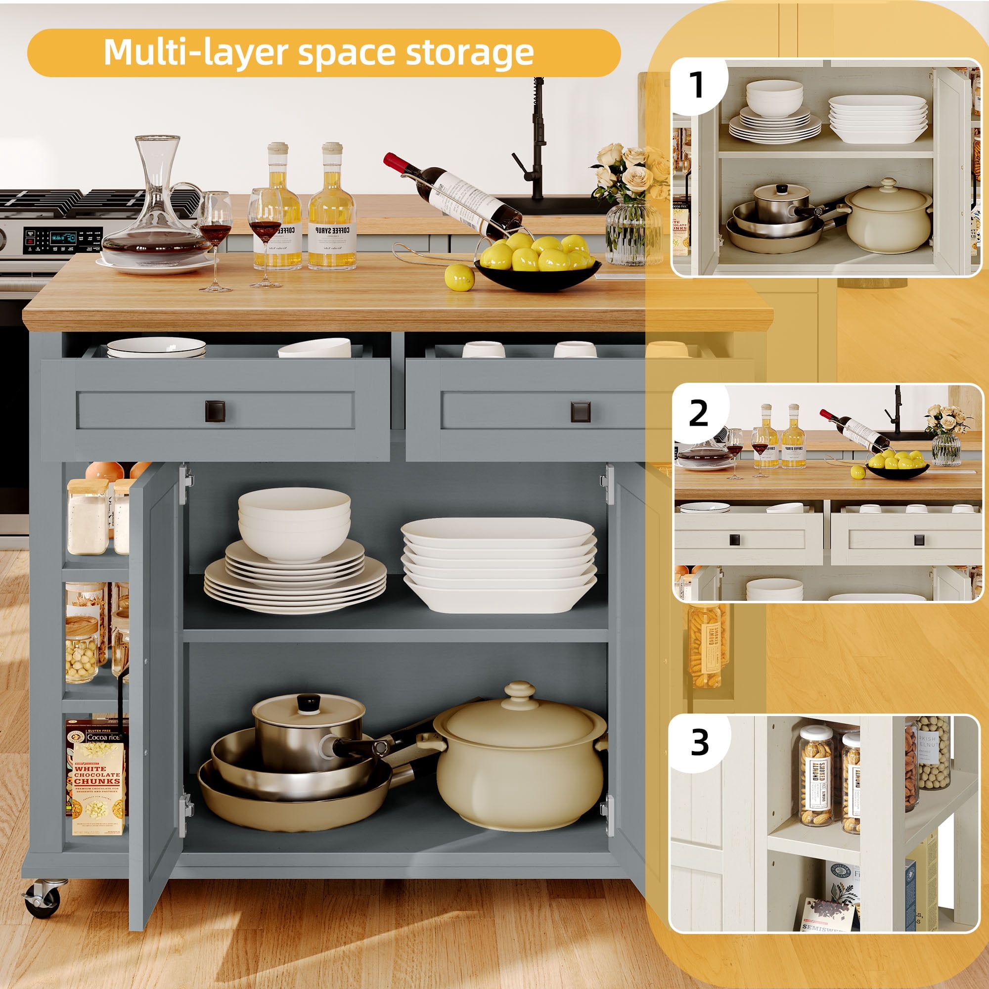 DWVO Kitchen Storage Cart with Power Outlets, Rolling Kitchen Island with Storage Shelves and Drawers, Blue Gray