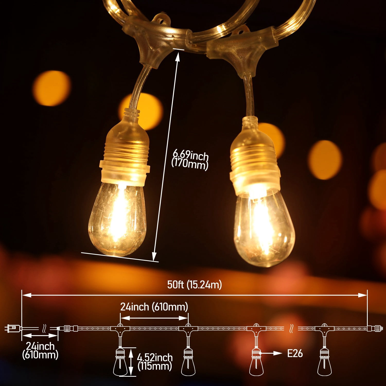 2 Pack 48" LED Outdoor String Lights, Commercial Grade 18AWG Copper Wire, 120V UL Listed Plug, Clear White Waterproof Hanging Light, 24 Bulbs Included 2700K Soft White