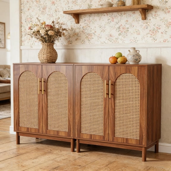 59'' Sideboard Buffet Cabinet with Storage, Modern 4 Rattan Door Buffet Cabinet with Shelves & Metal Handle, Mid Century Large Credenza Coffee Bar for Dining Room, Living Room, Brown