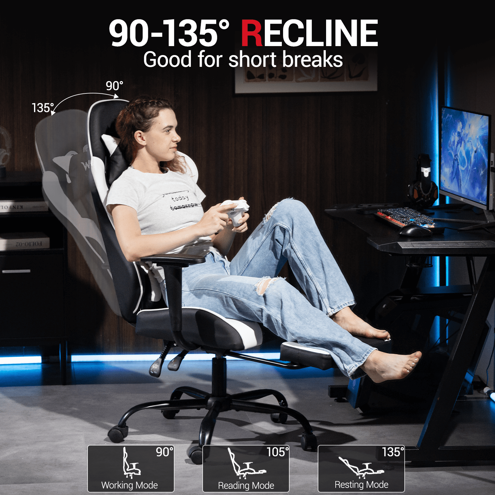 WENTUM Reclining Gaming Chair with Footrest, Massage Racing Office Chair, PU Leather Computer Desk Chair with Head Pillow for Adults, White