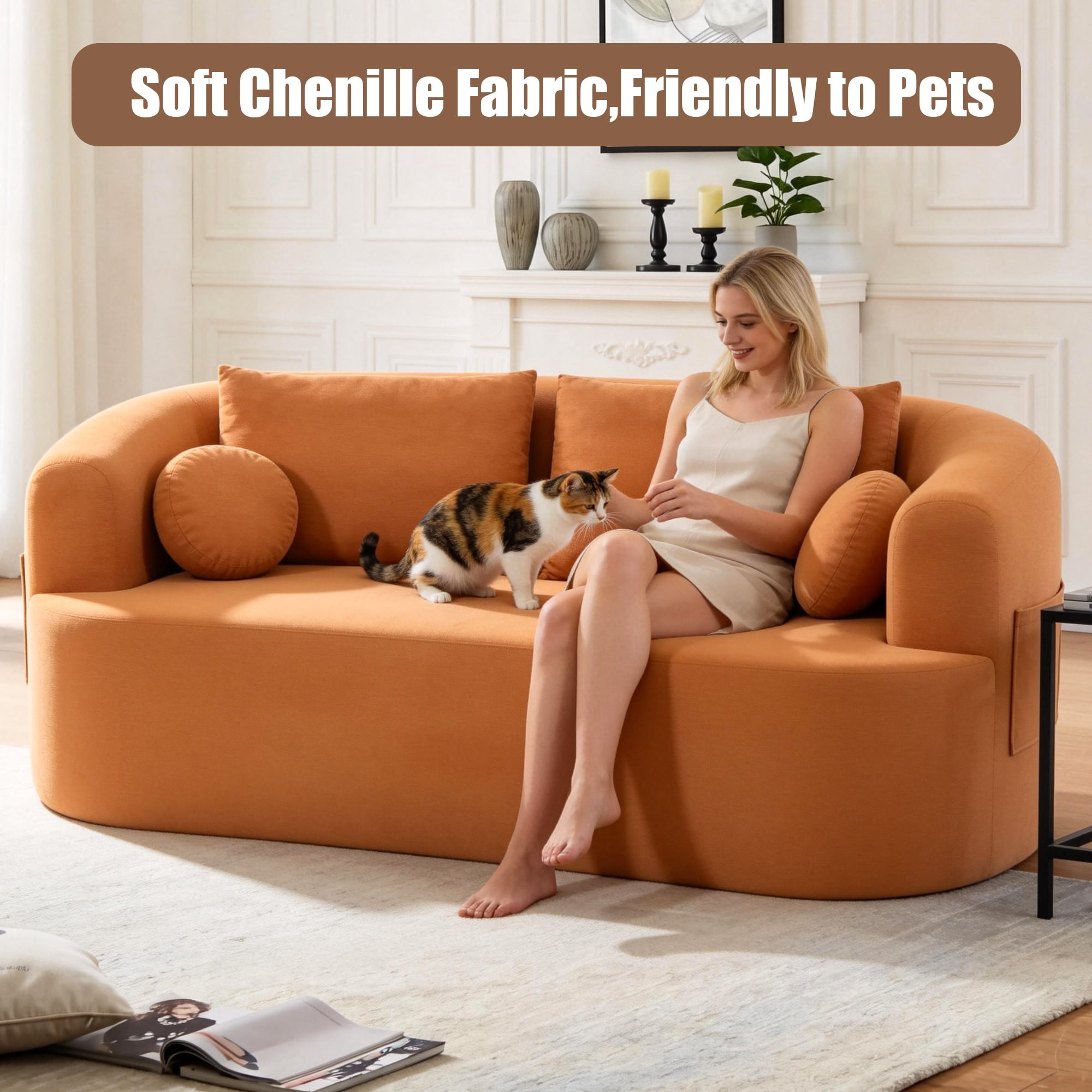 Loveseat Sofa-in-a-Box, 67" Chenille 2-Seater Couch with Deep Seats, 32D High-Resilience Foam, No Assembly Required, for Living Room, Small Space, Orange