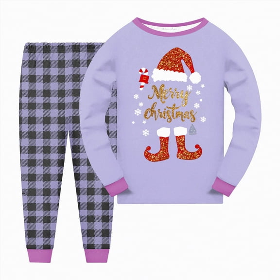 enyan Gi'rls Christmas Nightgowns Unisex Matching Family Christmas Pajamas Sets, Pajamas 2-Piece Long Sleeve Top & Plaid Splice Pants Light Purple,2-3 Years