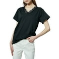 thumbnail image 3 of Womens V Neck Eyelash Lace Trim Top Loose Short Sleeve Blouse, Black, Medium, 3 of 5