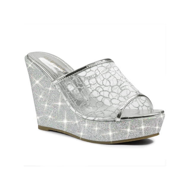 BLISSFUL STEP Sandales pour Femmes à Plateforme Compensée à Paillettes Sandales à Enfiler Argent 9,5