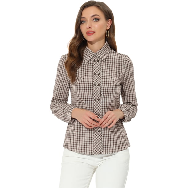 INSPIRE CHIC Blusa de manga larga con botones y cuello vuelto a cuadros para mujer marrón S