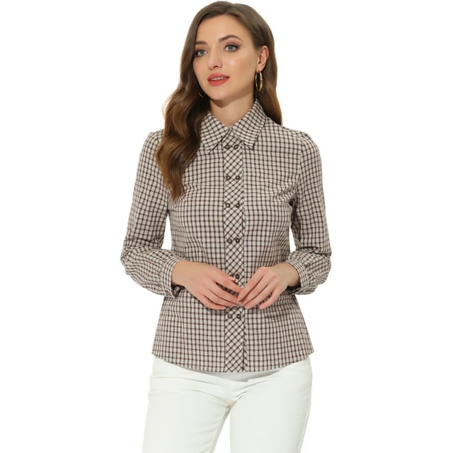 INSPIRE CHIC Blusa de manga larga con botones y cuello vuelto a cuadros para mujer marrón S