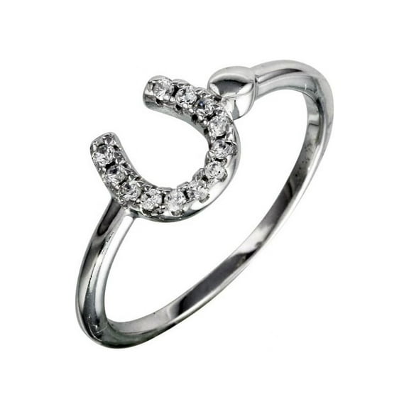 Clear Cubic Zirconia Encrusted Horseshoe Ring Rhodium Plated Sterling Silver Size 8