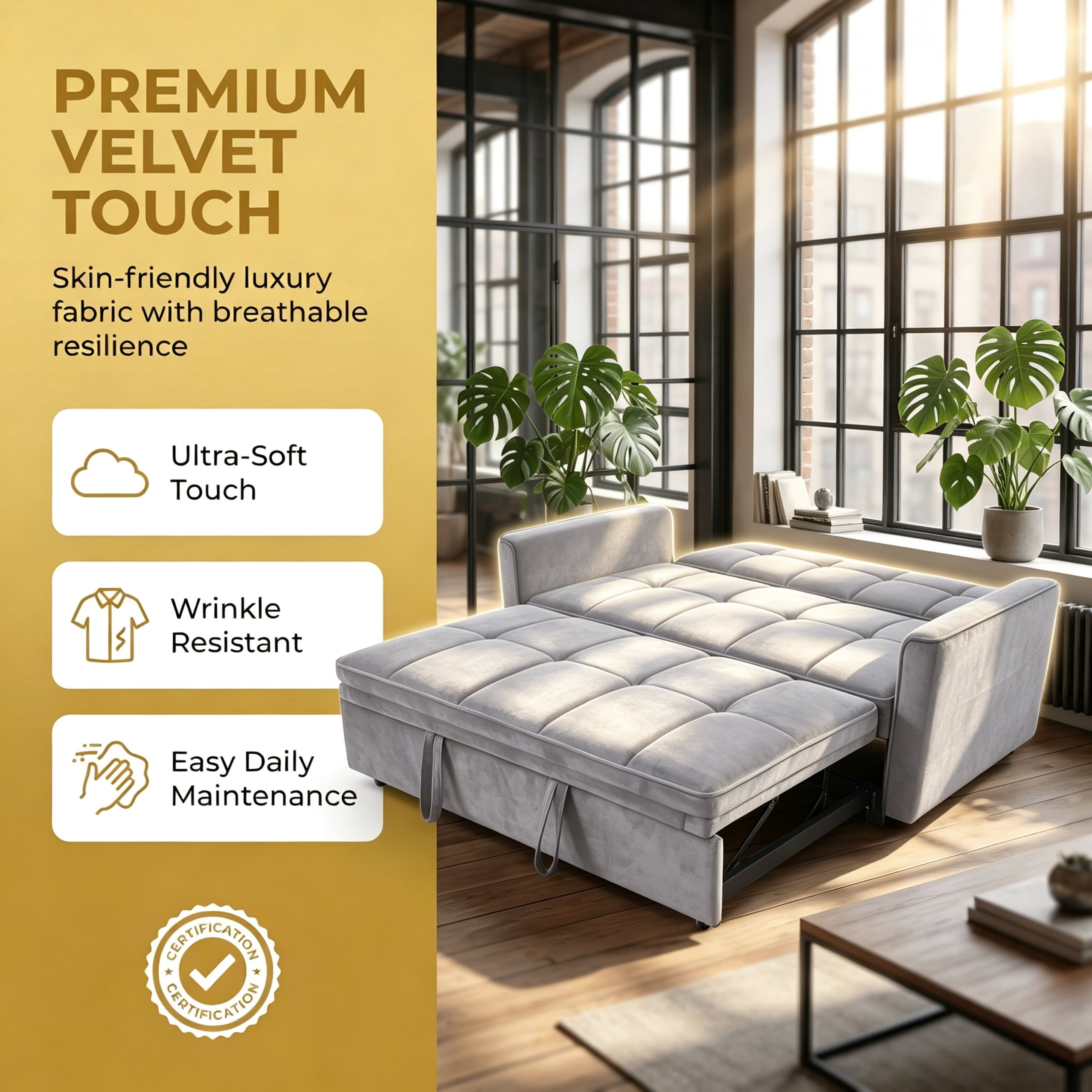 54" Convertible Sleeper Sofa Bed, Modern Velvet 3-in-1 Pull Out Loveseat Couch with 5-Position Backrest & Side Storage Pocket for Living Room, Light Gray