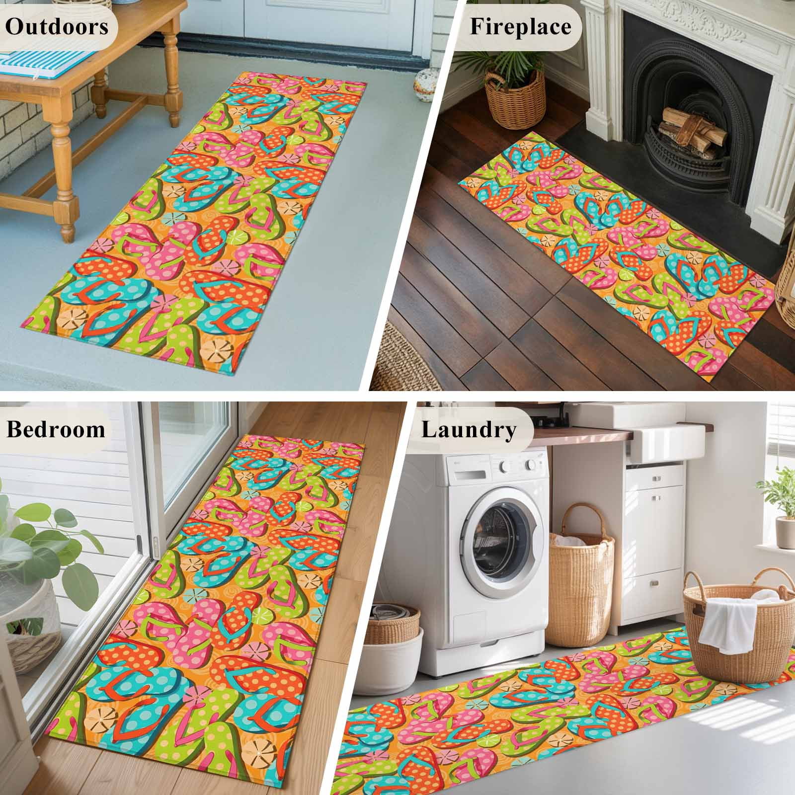 Watercolor Flip Flop 2'x6' Runner Rugs for Hallway Kitchen Bedside Non Slip Washable, Summer Coastal Beach Slippers Entryway Rug Runners with Rubber Backing, Long Carpet Runner for Laundry Room