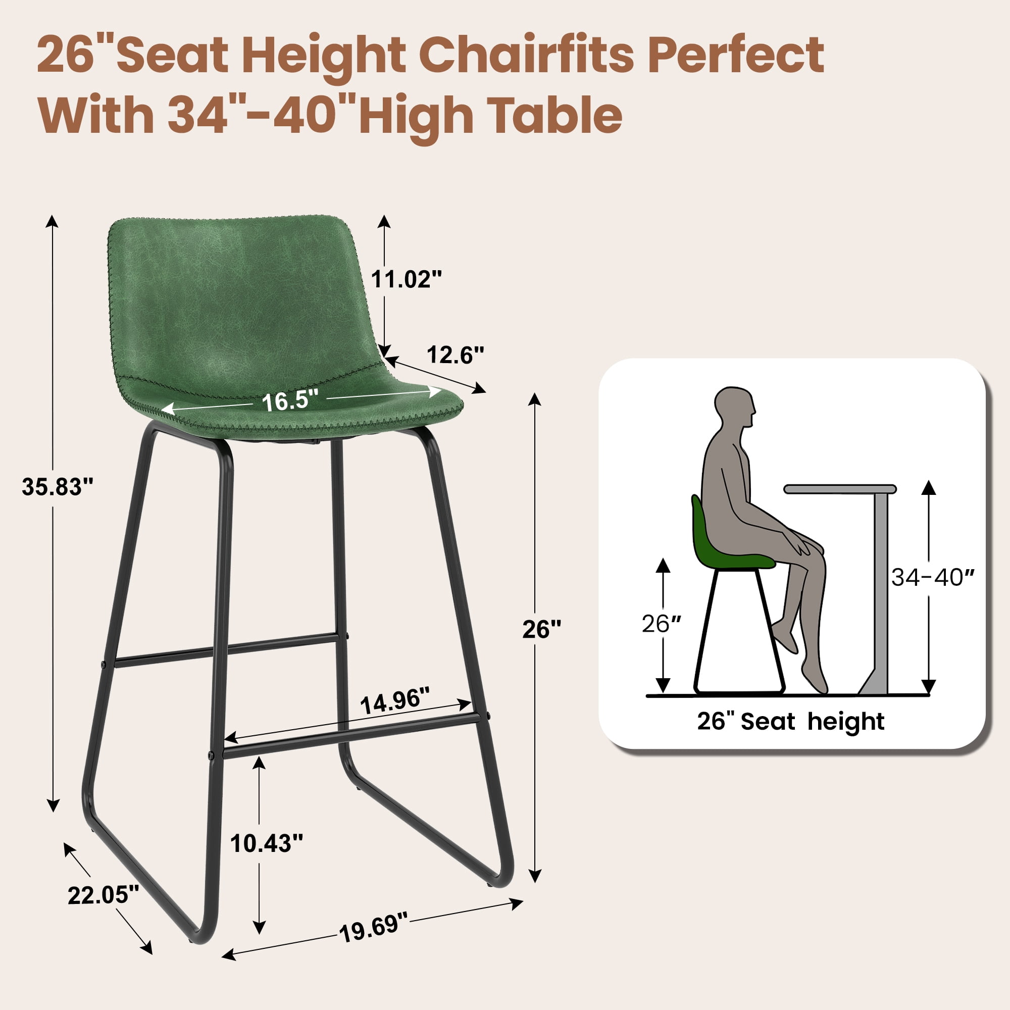 Aufeile 26" Counter Height Bar Stools Set of 3 – Modern Faux Leather Barstools with Back & Metal Legs, Kitchen Bar Chairs for Island, Dining Room, Green