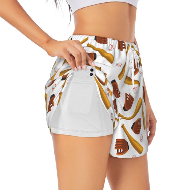 Balery Baseball Sport Pantalones cortos deportivos para mujer con forro y dos bolsillos, elásticos, para entrenamiento, gimnasio, yoga-Medium