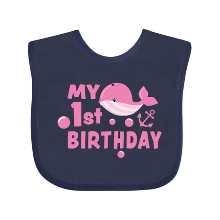 

Inktastic Nautical My 1st Birthday with Pink Whale and Anchor Gift Baby Boy or Baby Girl Bib