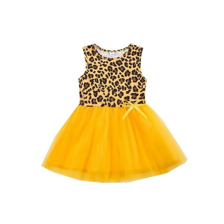 

Calsunbaby Girls Princess Dress Sleeveless Round Neck Leopard Print Bow Mesh Skirt