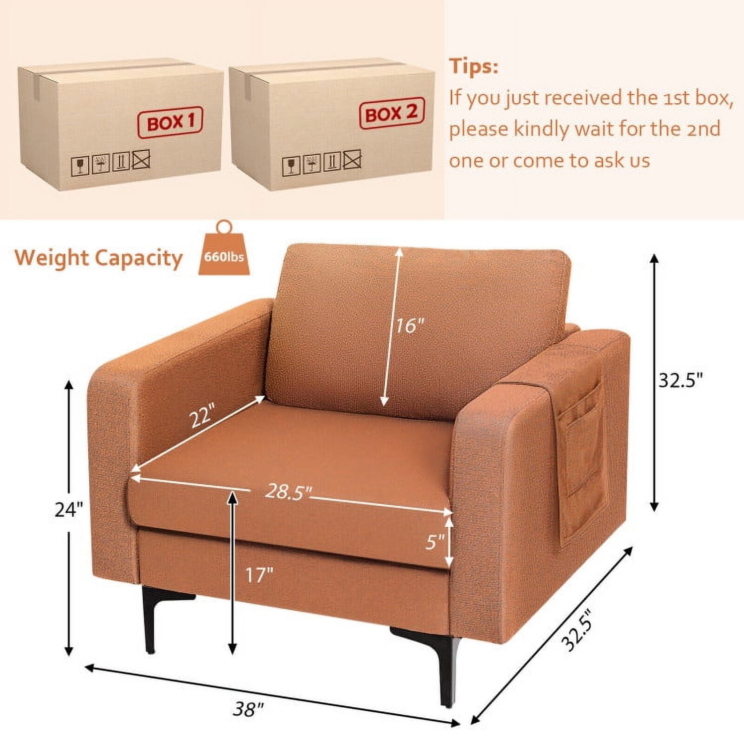 Finihen Upholstered Accent Armchair, Modern Accent Armchair with Side Storage Pocket, for Living Room, Bedroom, Orange