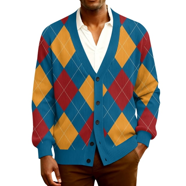 YIFUNIN Men's Ribbed Knit Cardigan, Long Sleeve Casual Open Front Jacket, Lightweight Plaid Print Sweater Coat for Fall Spring Layering Royal Blue 3XL