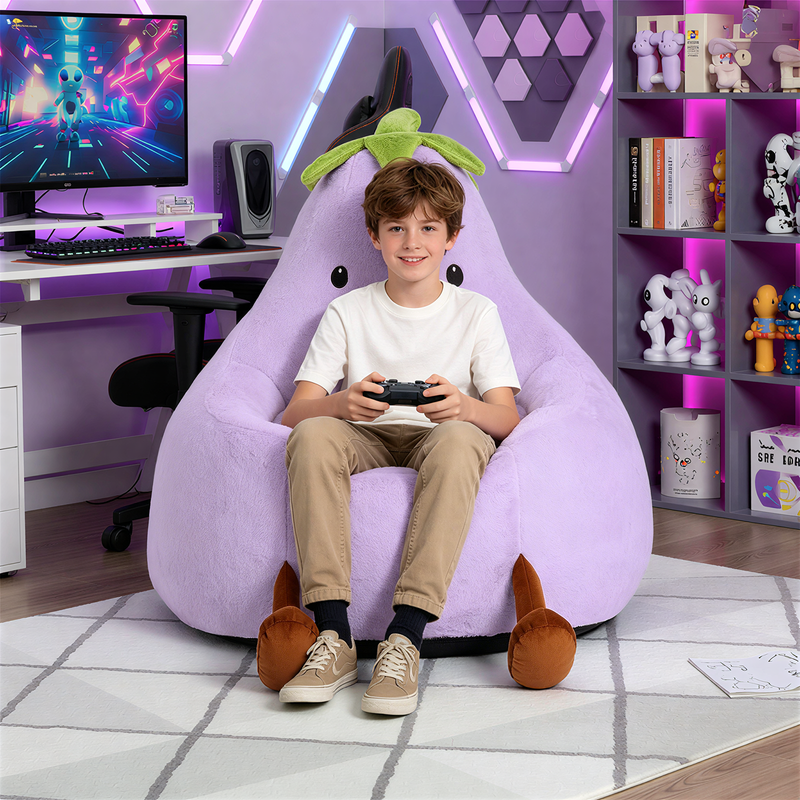 Simple Deluxe 2.5 ft Kids Bean Bag Chair, Faux Rabbit Fur Round Sofa with Handle and Washable Cover, Purple