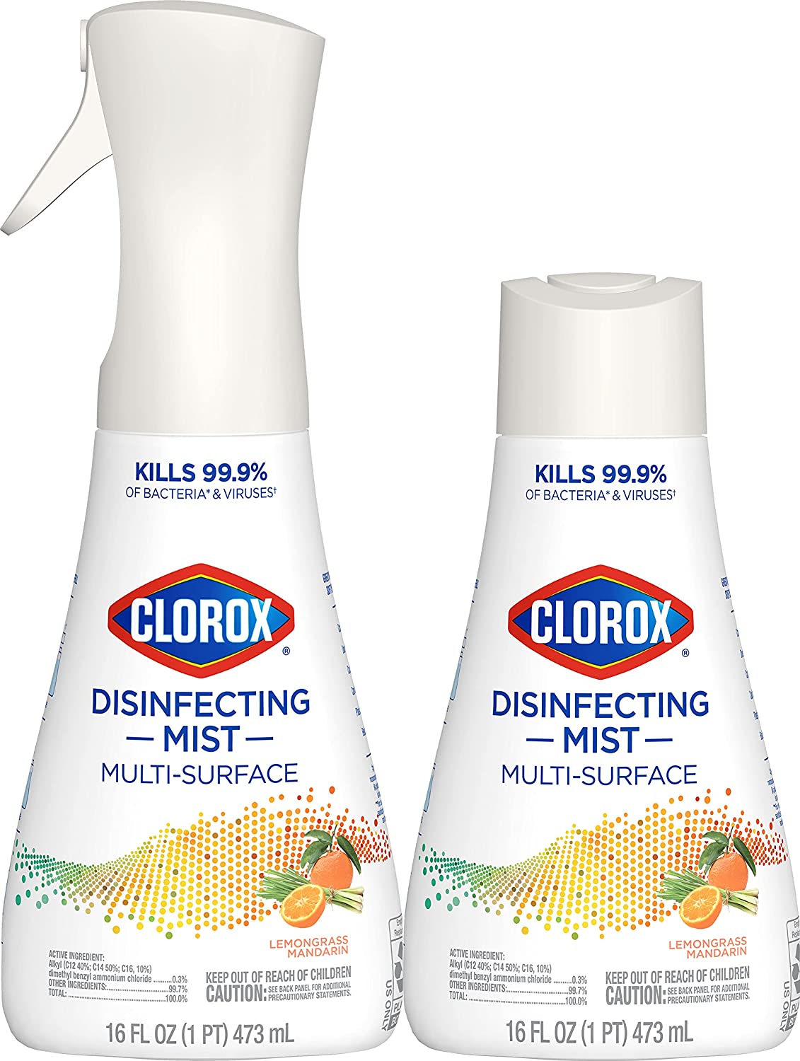 Clorox Disinfecting Mist, Lemongrass Mandarin, 1 Sprayer Bottle and 1 Refill, 16 Fl Oz Each