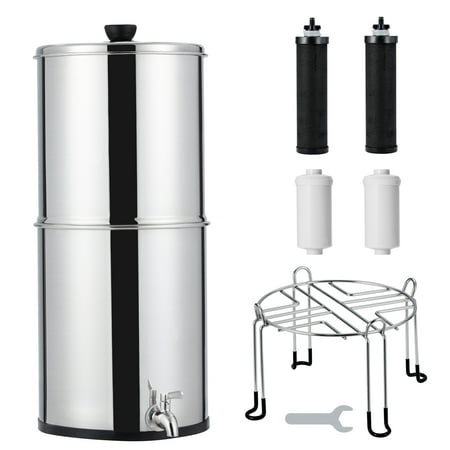 

2.25G Gravity Water Filter System 304 Stainless Steel Countertop Filtration System with 2 Black Carbon Filters & Water Level Spigot & Stand for Home Camping RVing Off-Grid Emergencies