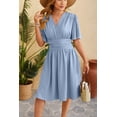 thumbnail image 2 of EASYBRAUS Women V Neck A Line Midi Dress Bell Sleeve Pleated Waist Spring Summer Dress, 2 of 5