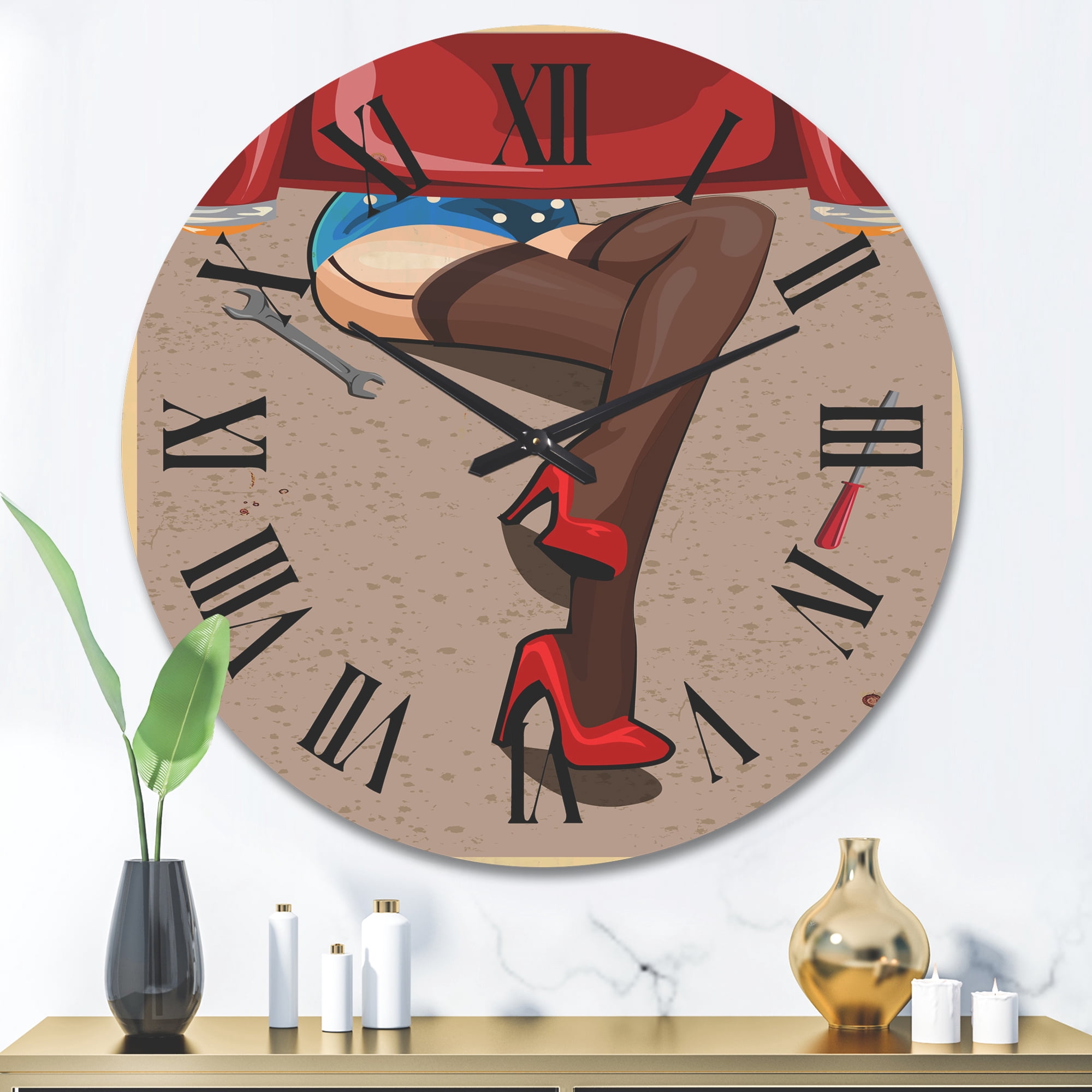 Designart 'Retro Sexy Girl Repairing The Car' Modern Wood Wall Clock