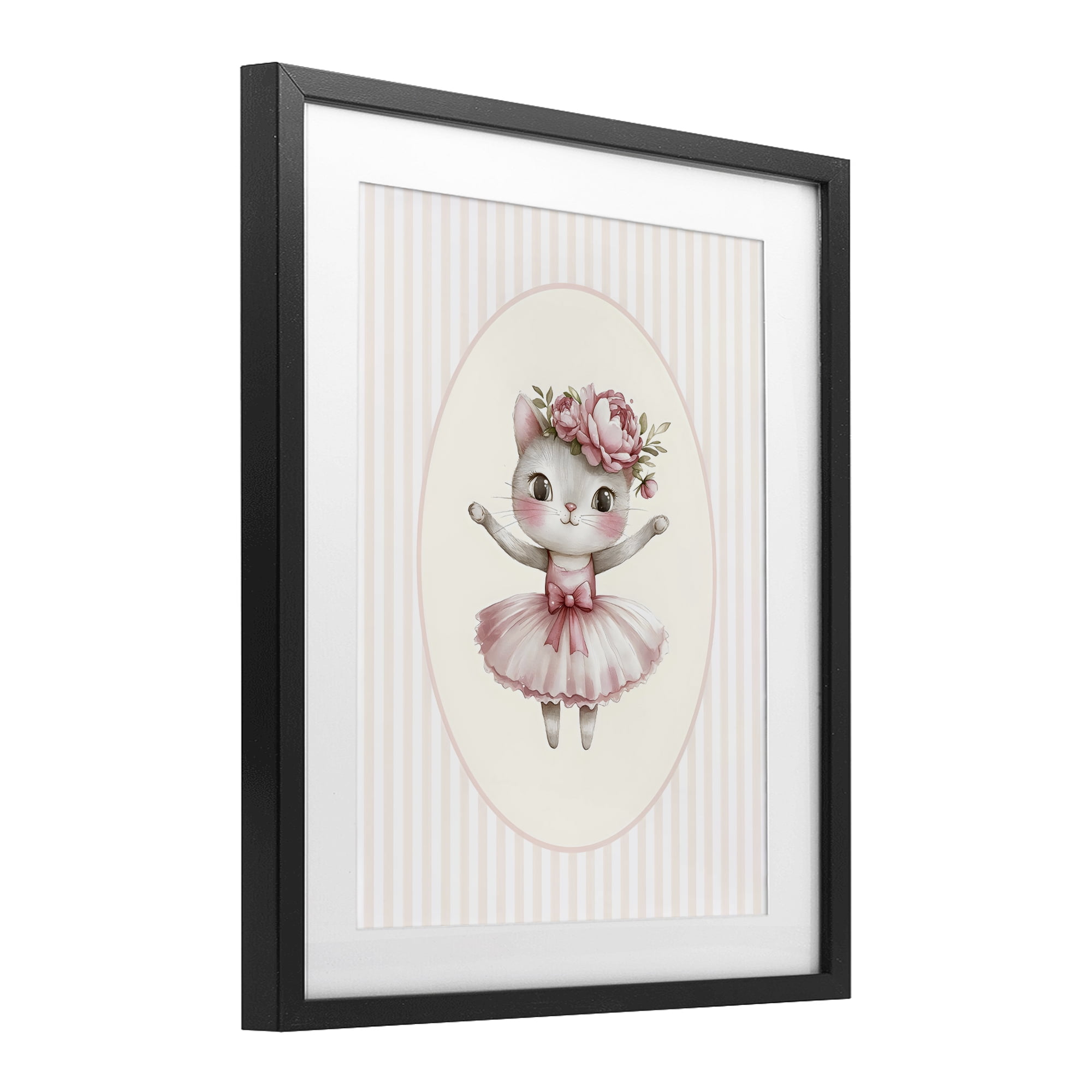 Stupell Industries Nursery Ballerina Cat Striped Black Framed Print Under Glass, design by LSR Design Studio