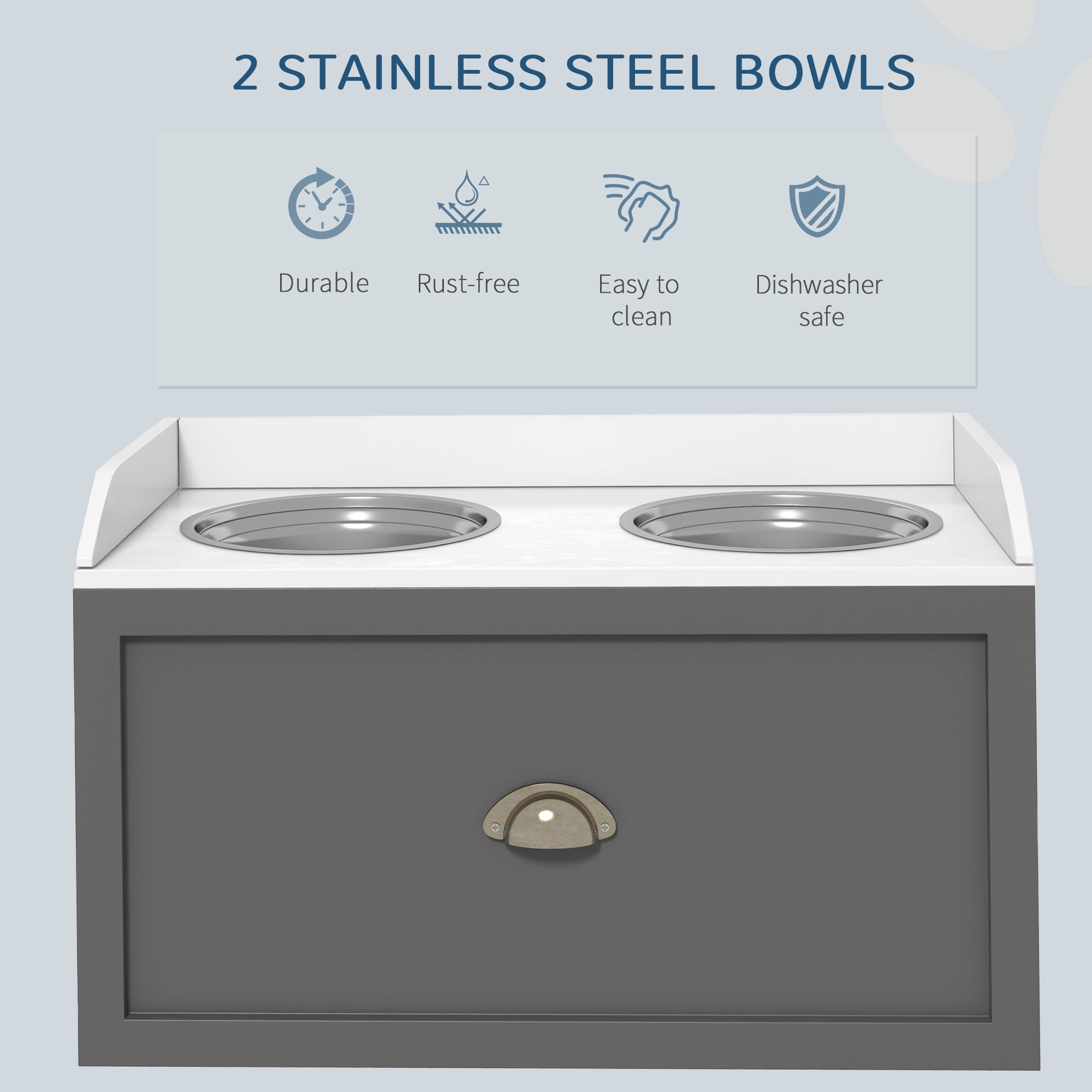 PawHut Dog Feeding Station w/ Storage Drawer, 2 Elevated Dog Bowls, Gray