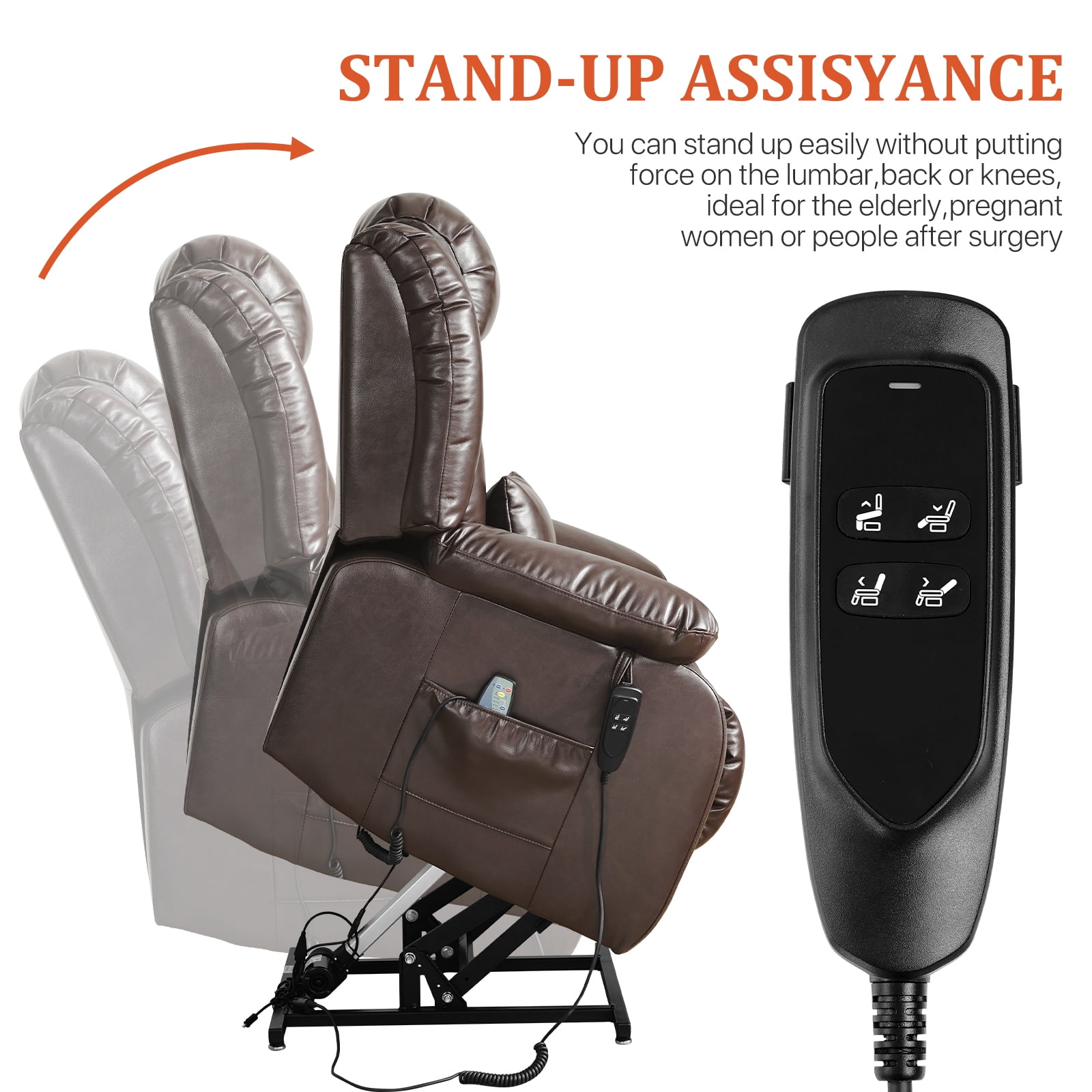 TEKAMON Infinite Position Lift Recliner Chair for Elderly with Heat Massage and Extended Footrest Lay Flat Sleeping Leather Dual Motor Power Lift Chair for Living Room (Brown)