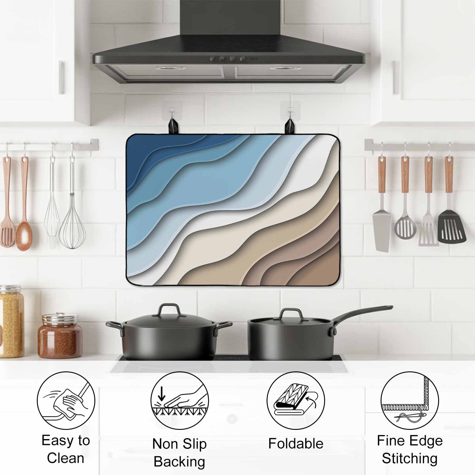 Navy Blue Brown Ombre Stove Top Cover for Electric Stove, Heat-proof & Non Slip Glass Top Stove Cover Protector, Modern Geometric Abstract Cream Kitchen Flat Cooktop Rubber Mat 36x21 Inches