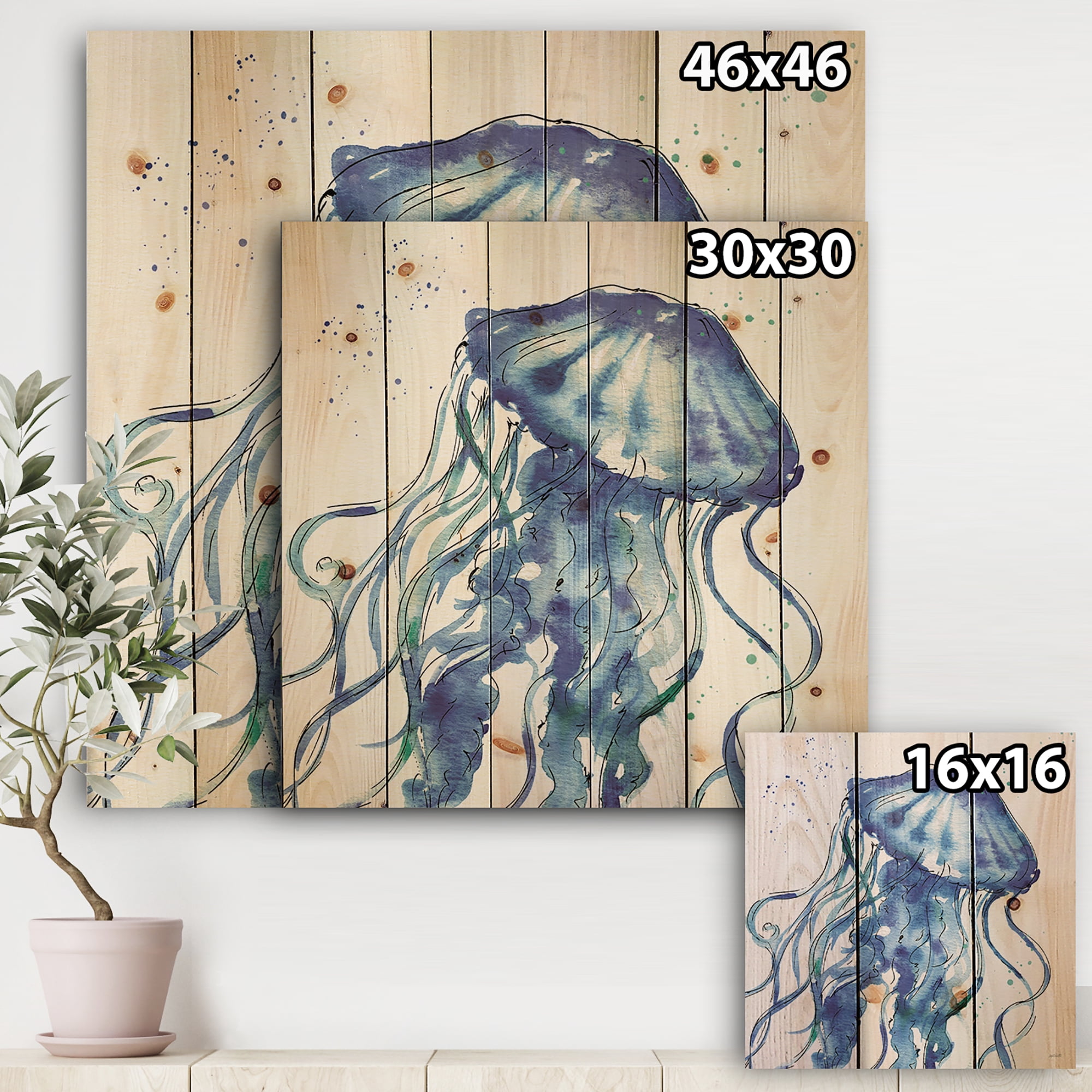 Designart 'Blue Deep Sea X' Coastal Print on Natural Pine Wood