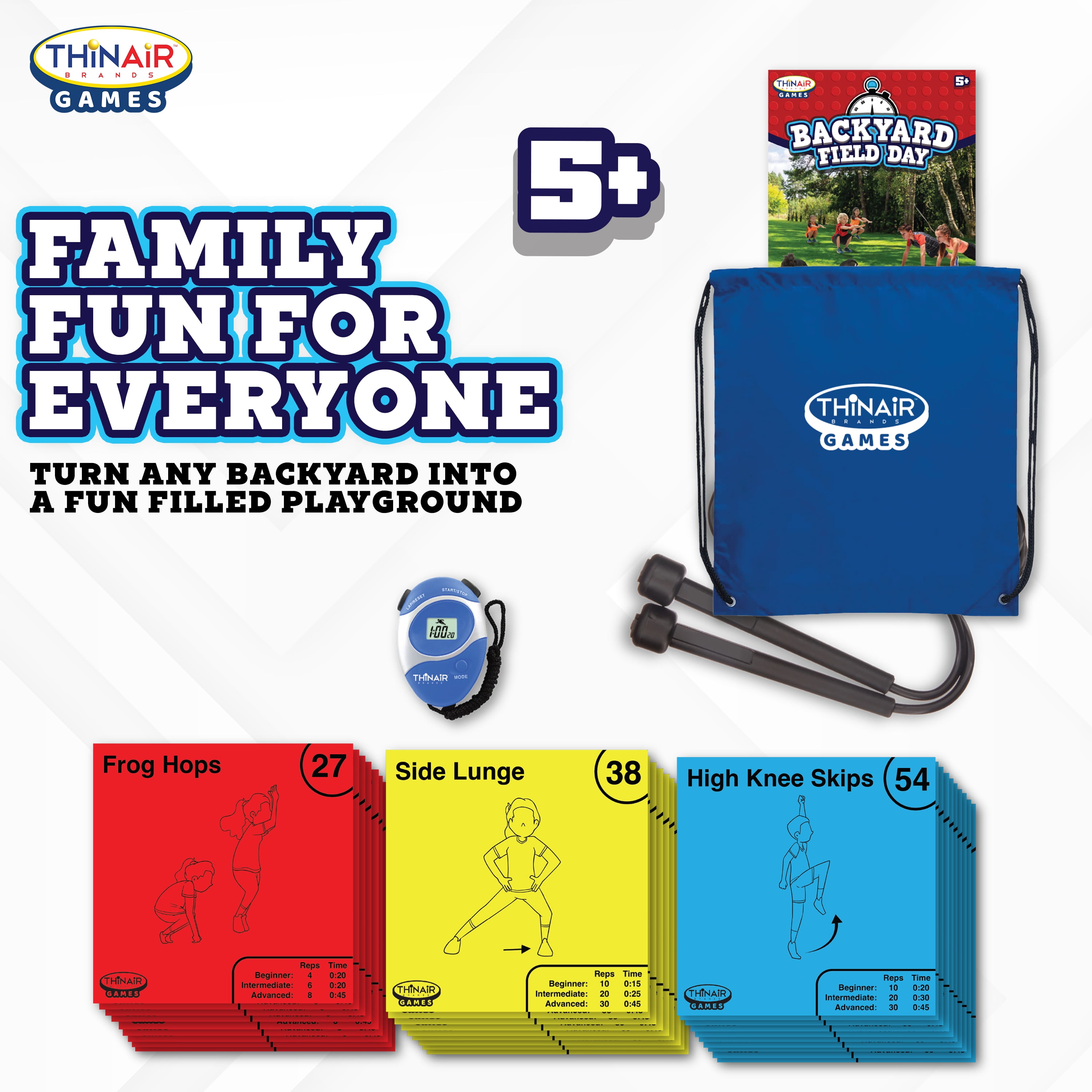 Playful Minds Backyard Field Day Obstacle Course Game – 27 Double-Sided Foam Challenge Tiles with 54 Kid-Friendly Exercises, Stopwatch, Jump Rope & Carry Bag – Outdoor Fitness Fun for Kids & Families