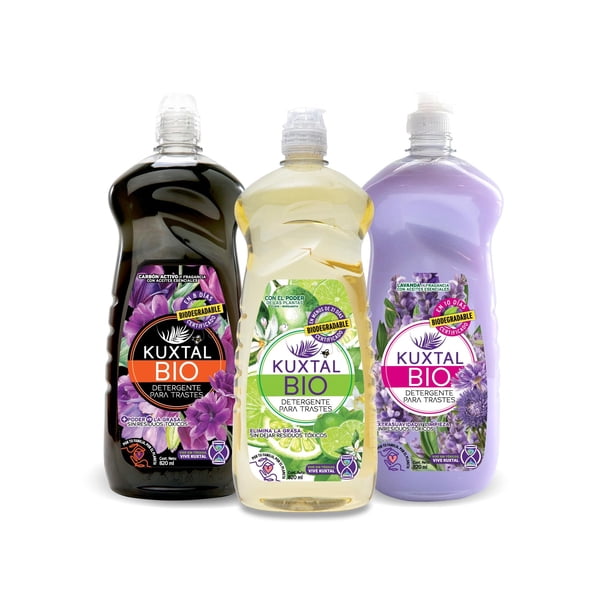 KUXTAL Detergente para Traste 3 Pzas | Biodegradables con Certificación OECD 301-A con Fórmula Eco-amigable | Aromas Cítrico, Frutal y Lavanda | Suaves con las Manos.
