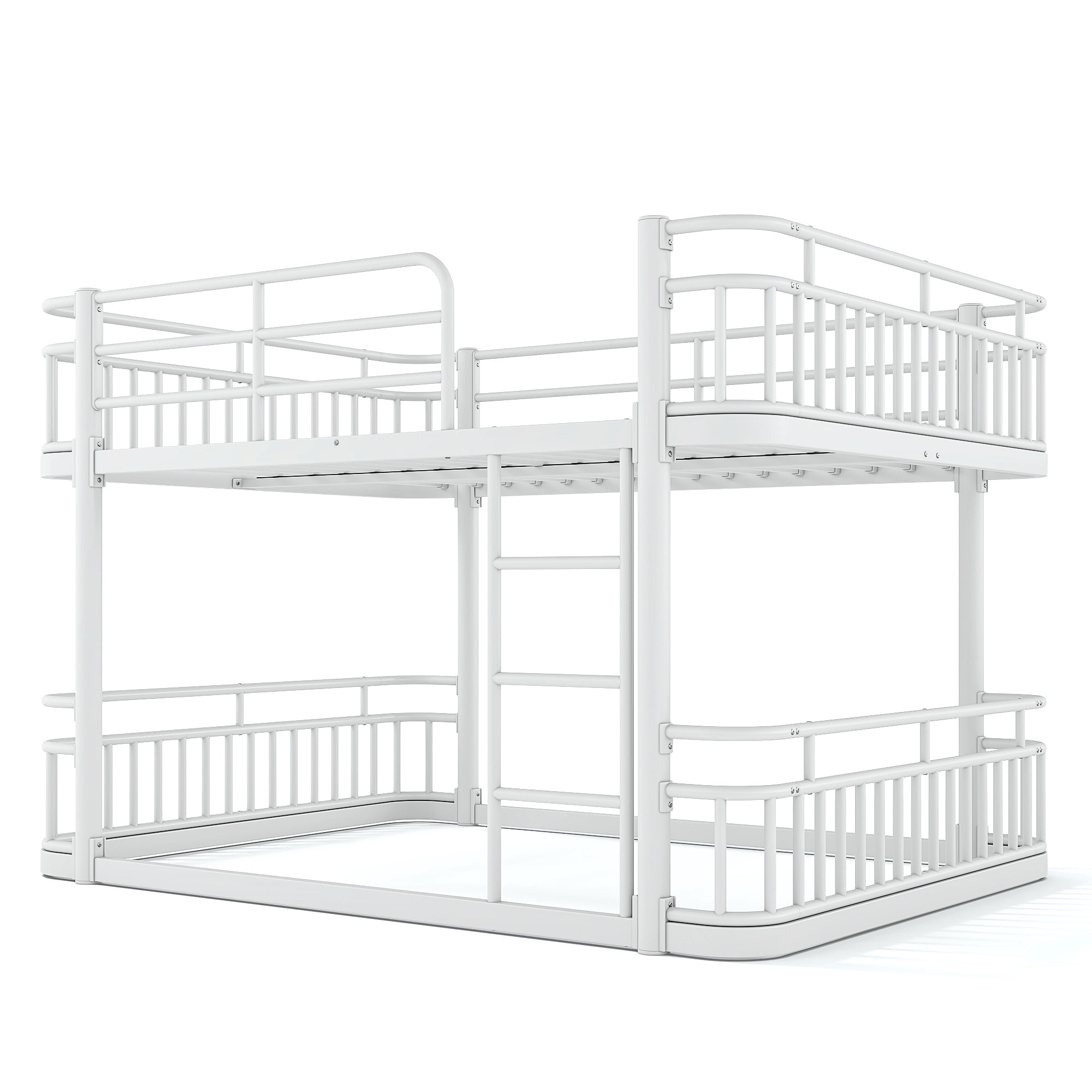 Leumius Queen over Queen Bunk Bed Frame with Ladders & Guardrails, Upgraded Round-Pipe Metal Frame, Stylish & Versatile for Any Room,White