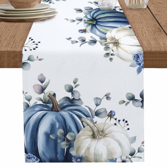 nqOlkjepod Fall Pumpkin Table Runner 120 Inches Long Farmhouse Dress Scarves, Thanksgiving Blue White Eucalyptus Leaves Dining Tablerunner for Coffee Table/Kitchen Island/Party Décor, 13" x 120"