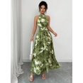 thumbnail image 4 of Olive Green Watercolor Floral Halter Neck Smocked Waist A-Line Maxi Dress For Women, 4 of 6