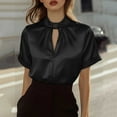 thumbnail image 2 of XUNKUSGA Womens Tops Fashion Mock Neck Tie Knot Cutout Satin Blouse Classic Soild Color Short Sleeve Tops for Women Trendy Business Casual Office Top S-2XL Black, 2 of 5