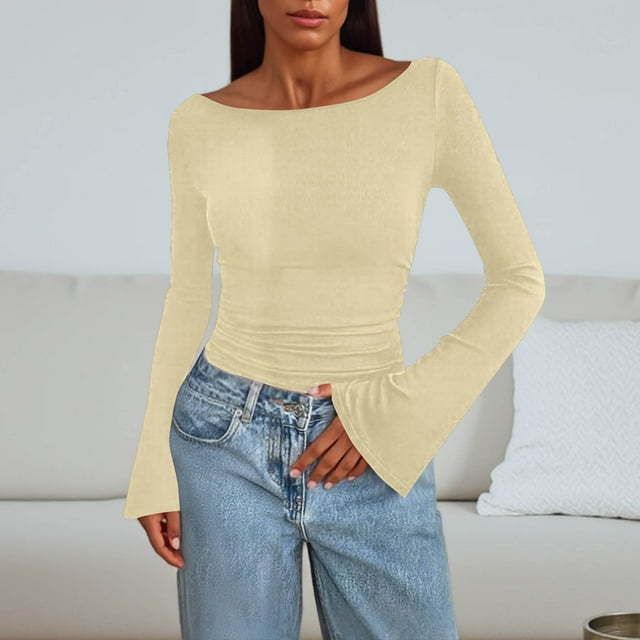 Wensltd Hauts à Manches Longues Noirs pour Femmes Mode Printemps Col Rond Extensible Ajusté