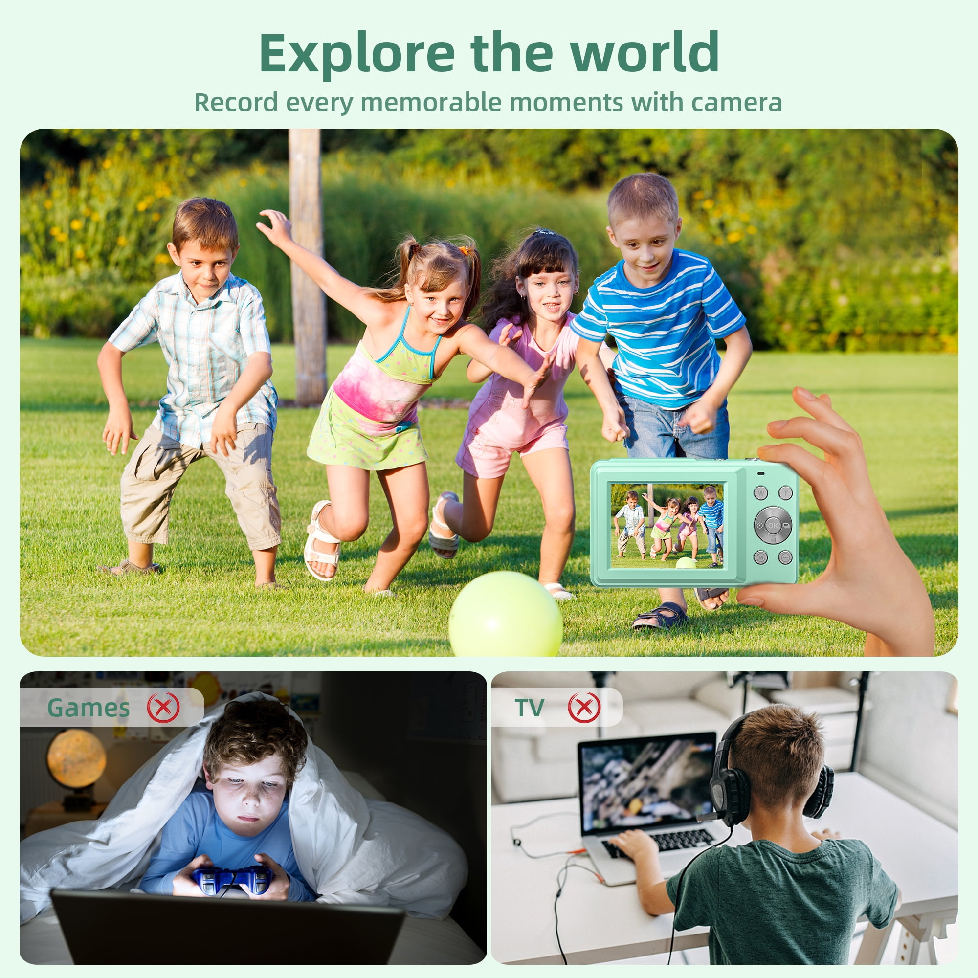 FHD 1080P 44MP Digital Camera with Anti-Shake & 16X Zoom - Compact Point and Shoot for Kids, Teens, Students (Green)