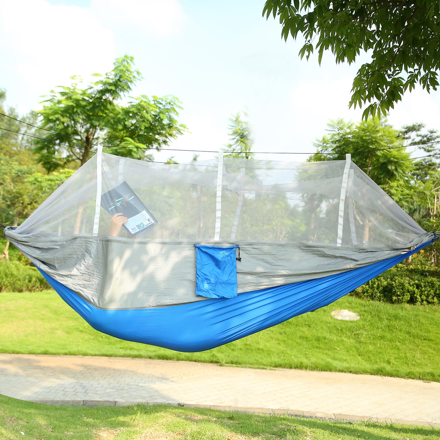 Camping Hammock, Portable Double Hammock with Net, 600lbs Load 2 Persons Hammock w/Mosquito Net Outdoor Hiking Camping Hommock Portable Nylon Swing Hanging Bed w/ Strap Hook Carry Bag