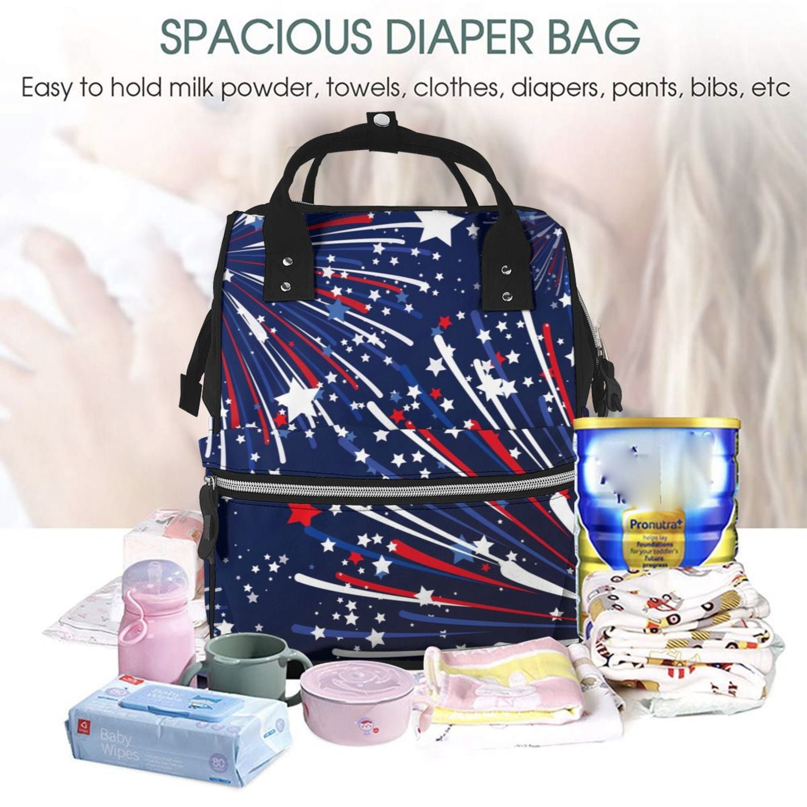 Ratiio Red White Blue Fireworks 1 Mummy Backpack - Waterproof Twill Canvas, Large Capacity Diaper Bag with Multiple Pockets and Adjustable Straps