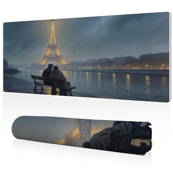 LIVEKEY Mouse Pad 80x40x0.3cm Eiffel Tower Rainy Night with Couple on Bench Design Full Desk Coverage Non Slip Durable Easy Clean Stitched Edges for Gaming and Office