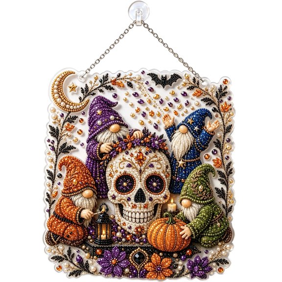 Halloween Pearl Art Hanging Ornament DIY Kit, 7.87 x 7.09 Inch Acrylic Craft Set with Pearls and Tools, Spooky Gnome Window Wall Decor for Adults and Craft Lovers